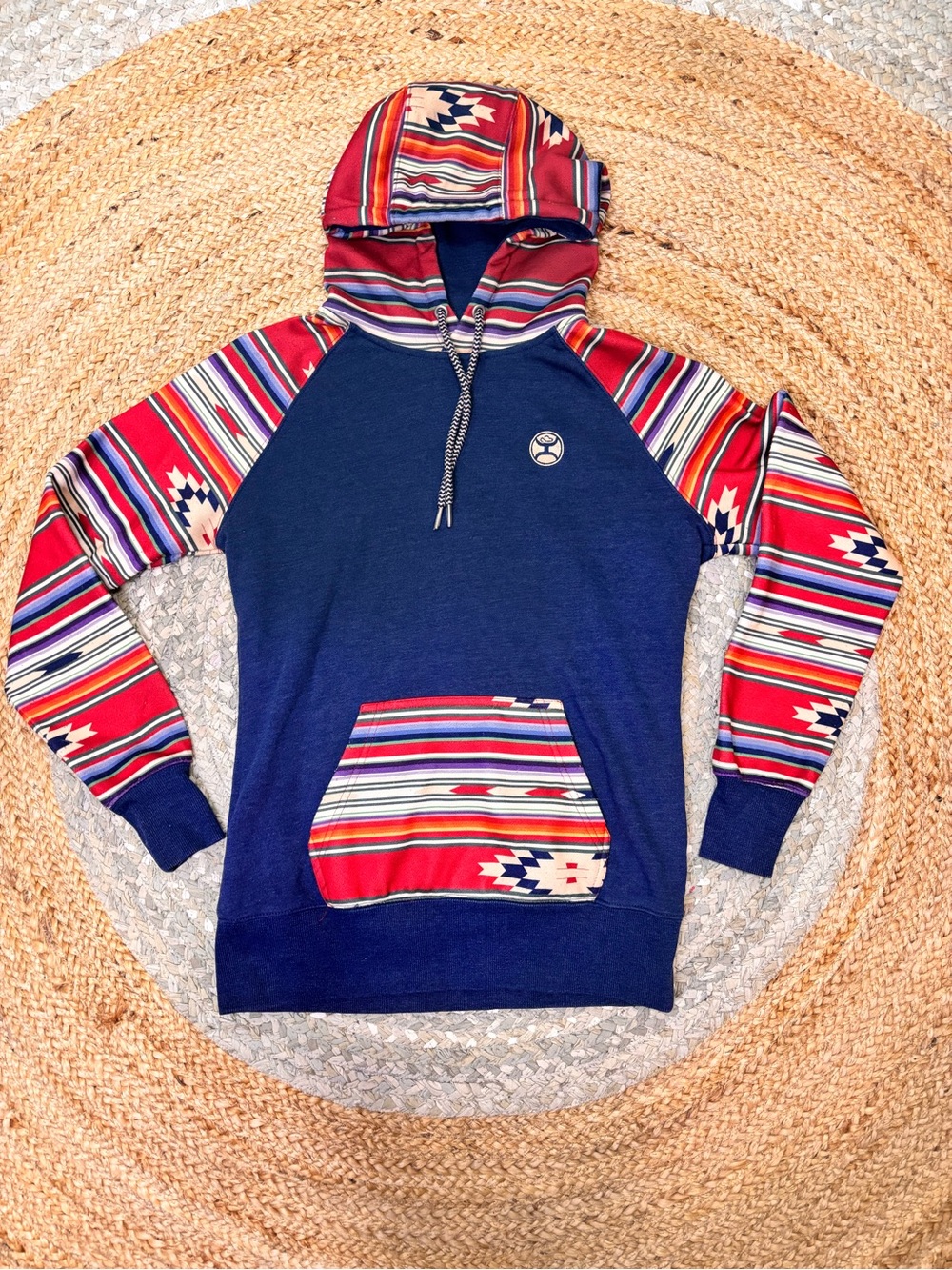 Hooey Navy Hoodie with Red Striped Aztec Accents